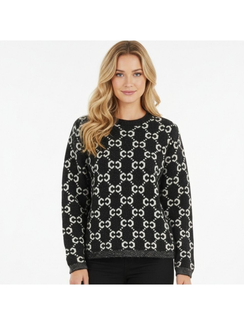 TRÏBE Black & White Print Long Sleeve Crew Neck Sweater Size Large NWT